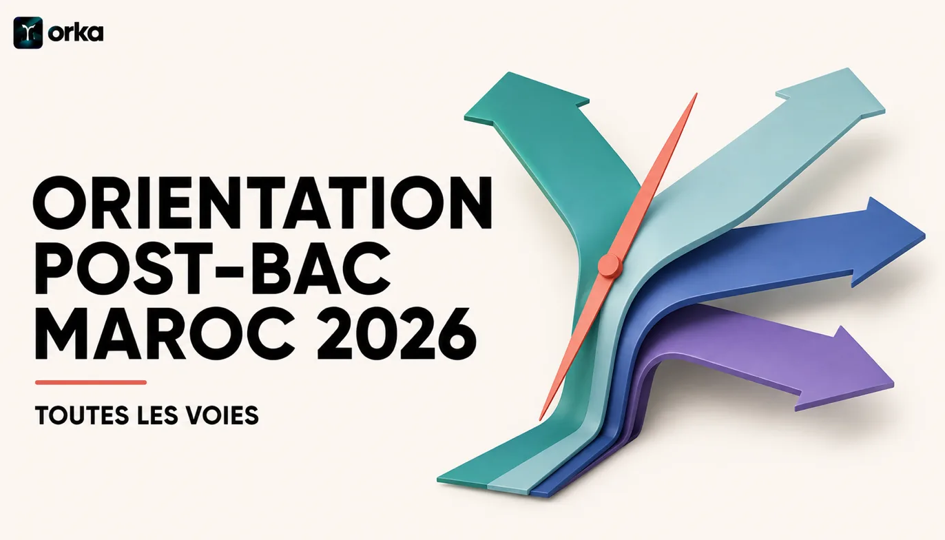 Illustration abstraite pour l'article « Orientation Post-Bac Maroc 2026 : Toutes les Voies » — a floating Orka orientation-matching interface.